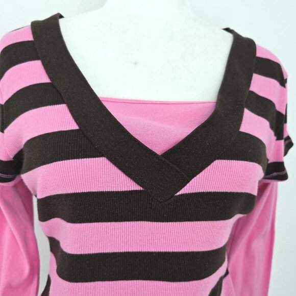 Vintage 90s Y2K Pink Brown VNeck Overlay Ribbed Long Sleeve Top KIds 14/16 Women - Picture 2 of 7